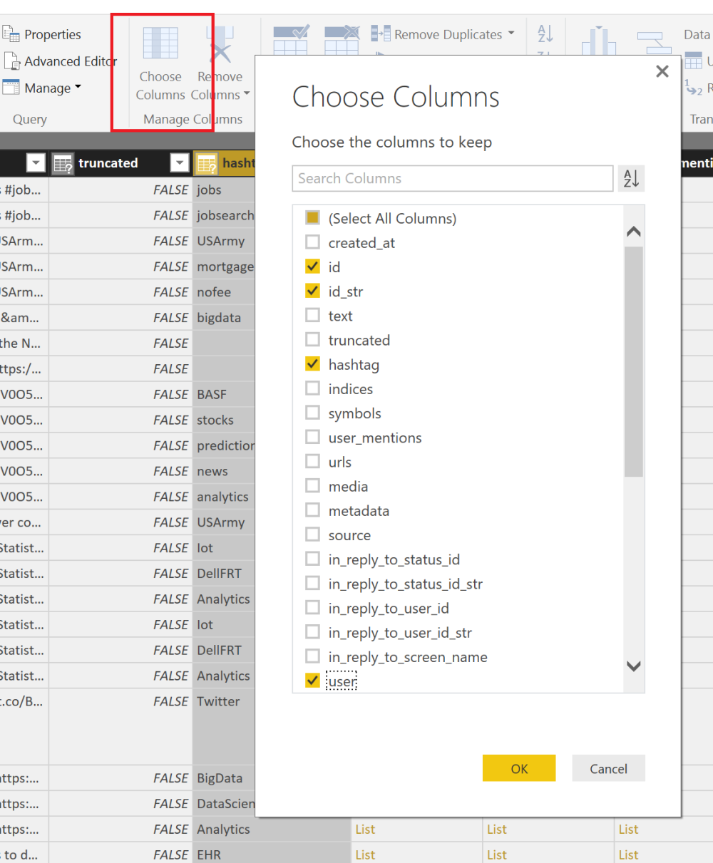 query editor choose columns